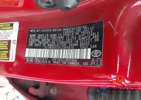 2012 Toyota Corolla S from USA, damaged, VIN 2T1BU4EE9CC869876